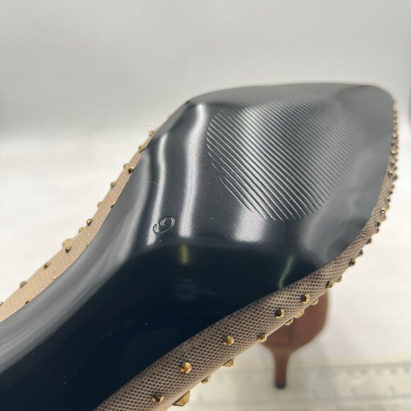 XYD Brown Pointed Toe Slip On Mesh Pumps Rhinestone Studs Comfy Kitten Heel Shoe - Picture 6 of 8